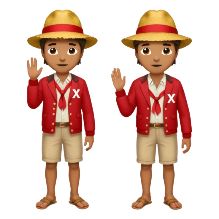 Make a guy with a straw hat and the hat has a red rebin and a red jacket and sandals and a x on he's chest sticker