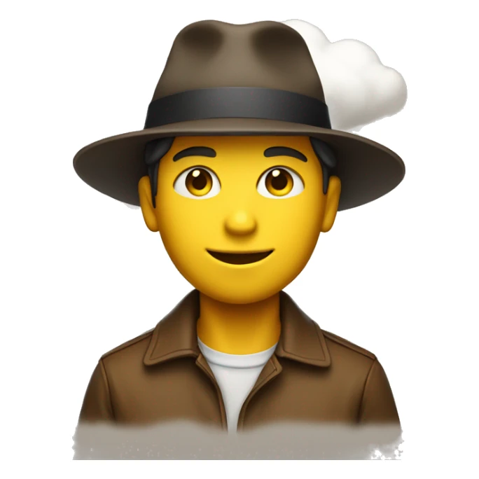 a boy with a yellow face, a smile, a brown hat, a book, and a cloud of thoughts sticker
