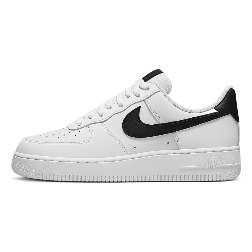 Nike sneaker, classic style, white and black colorway, side view, minimal background sticker