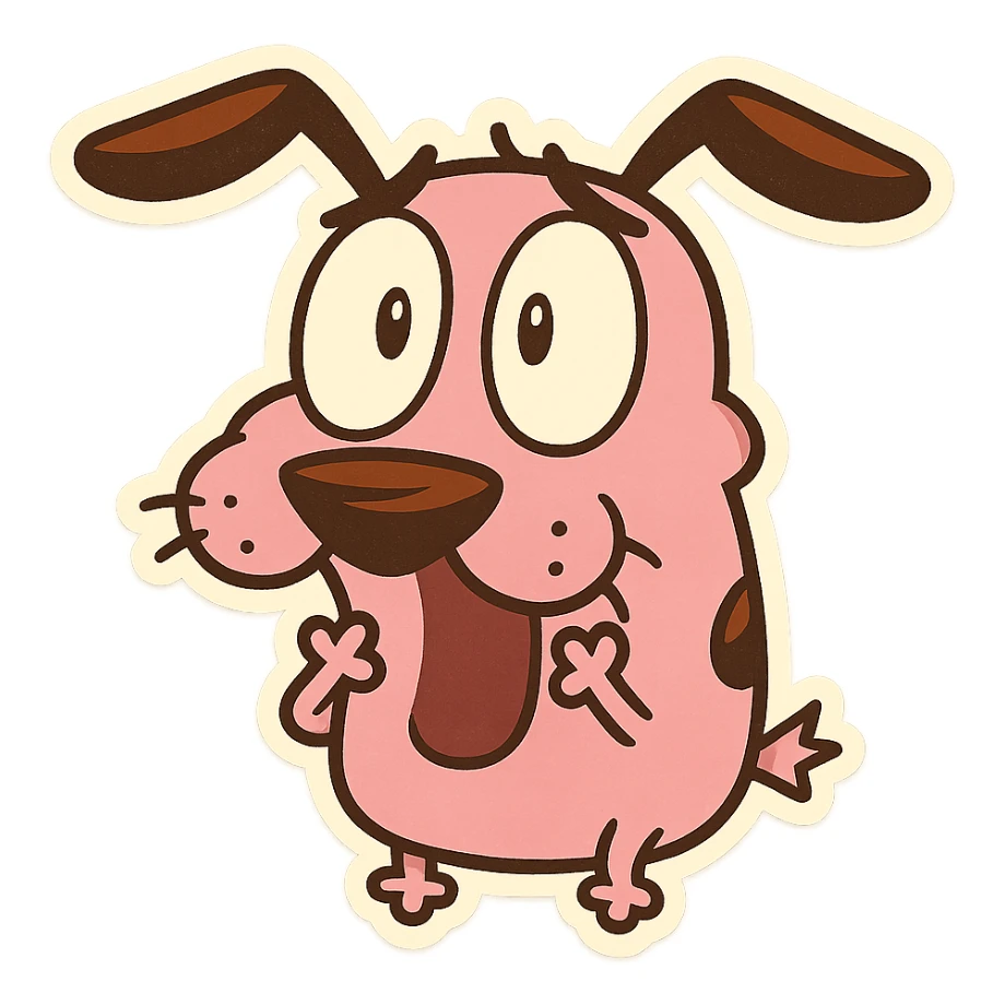 Courage the Cowardly Dog emoji, surprised expression, pink fur, floppy ears, cartoon style sticker