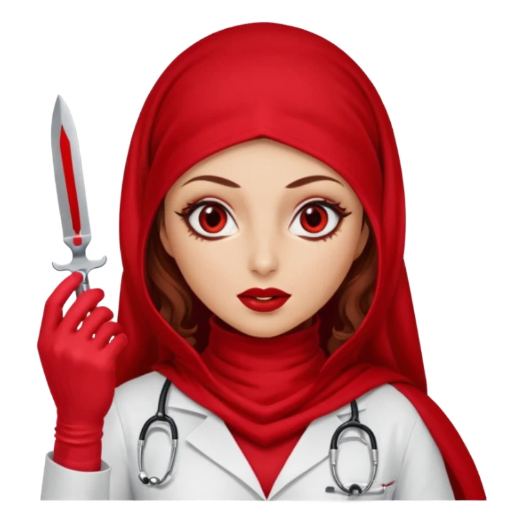 Lilith scalpel in hand, evil surgeon outfit.  She has red eyes. She has dark brown curly hair. Hair is long . Wears sexy doctor outfit with red gloves. Cover, neck and mouth with Muslim red burka sticker