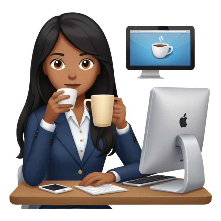 Secretary black long hair computer and drinking coffee sticker