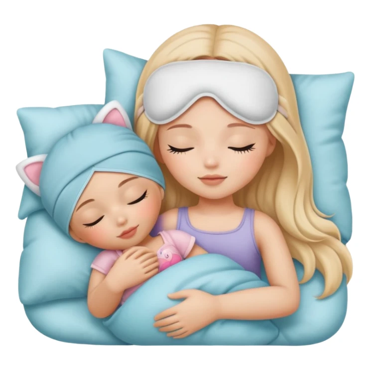 A girl Wearing a cute sleep mask is sleeping with a doll sticker