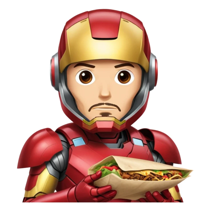 Tony Stark eating a delicious shawarma wrap, wearing his Iron Man suit with the helmet retracted, looking satisfied and slightly messy, comic book style, vibrant colors, simple and expressive emoji design sticker