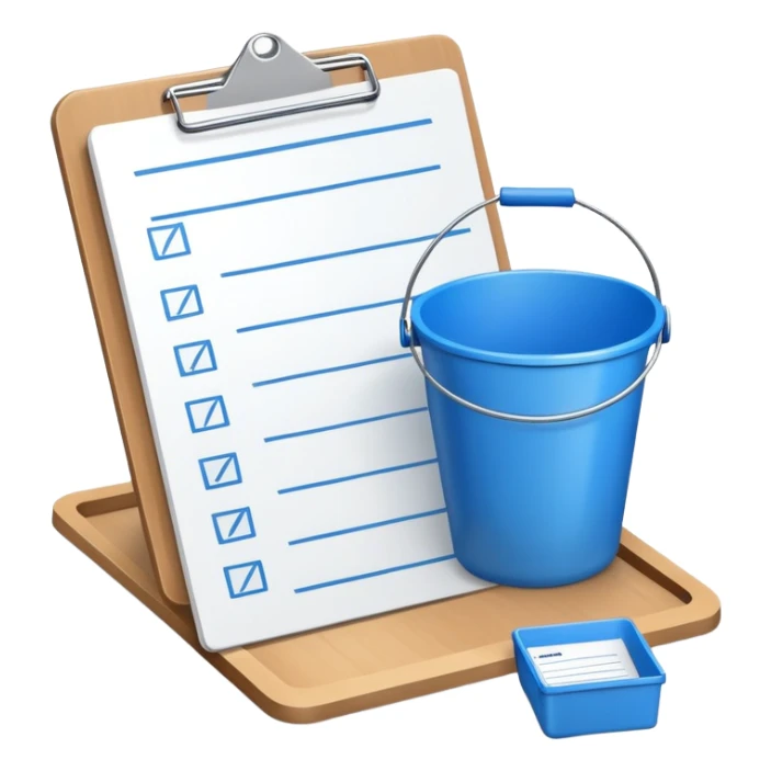 clipboard with a checklist and a small bucket beside it, symbolizing a bucket list sticker