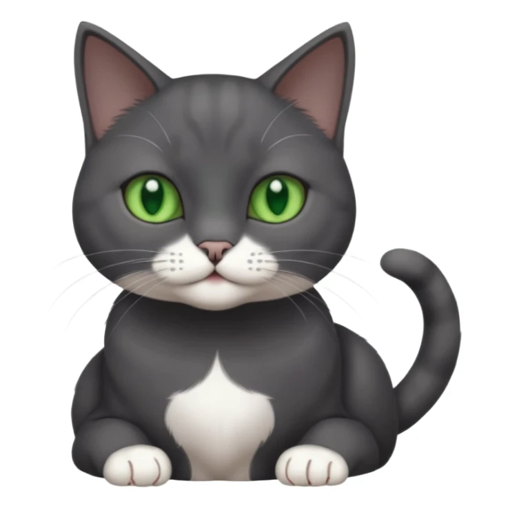 beautiful female solid dark grey cat with green eyes, white toes/paws and white patch on her chest playing sticker