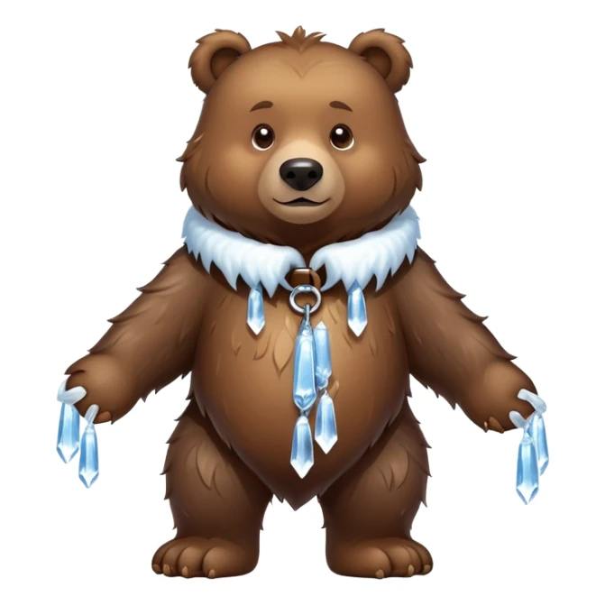 Natural looking brown bear walking on four paws, wearing a thick collar made of clear ice with sharp icicles dangling from it, like a large dog collar shape sticker