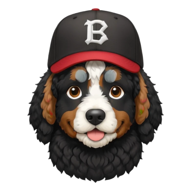 A black Bernedoodle with a white chest with a baseball hat on that says PC sticker