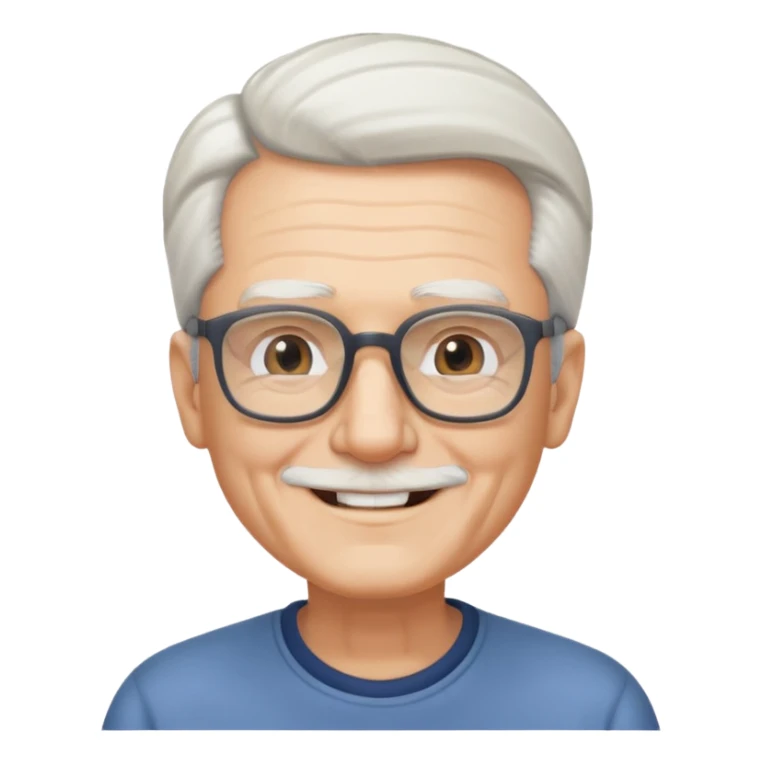 old guy, swept back white hair, blocky face, rectangle frame glasses, soul patch sticker