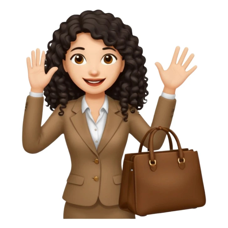 medium deep tan brown business woman with long black curly hair, waving hand with happy face with smile mouth and carrying bag on her shoulder sticker