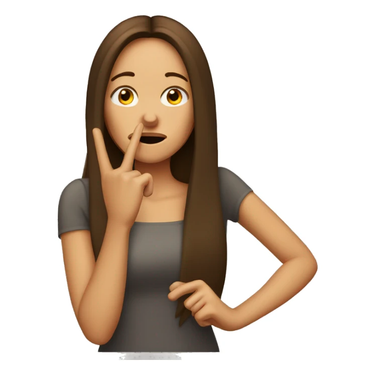 brown-haired woman with straighted long hair,  shows her index finger in front of her mouth sticker