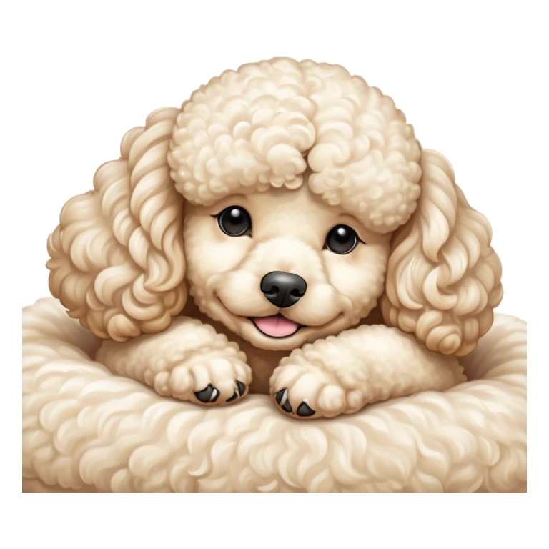 Meme-Worthy Cute Sleeping Cream Poodle Portrait Emoji, Head resting peacefully with a contented smile, showcasing a delightfully elegant build and a luxuriously soft, curly cream Fur, eyes shut in a serene nap, Simplified yet hilariously adorable features, highly detailed, glowing with a soft, drowsy light, high shine, relaxed and utterly lovable, stylized with an air of playful laziness, bright and heartwarming, soft glowing outline, capturing the essence of a comically sleepy companion, so meme-worthy it feels like it could instantly become the next viral sensation of adorable slumber! sticker