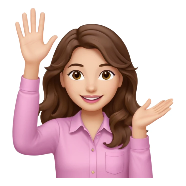 girl with wavy long brown hair, brown eyes, light to medium complexion, long lashes, light pink lipstick, smiling, wearing light pink shirt, waving hello sticker