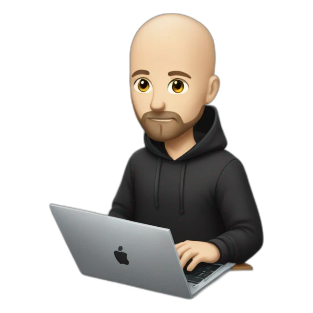 bald white man with a black beard typing on apple computer wearing a black hoodie sticker