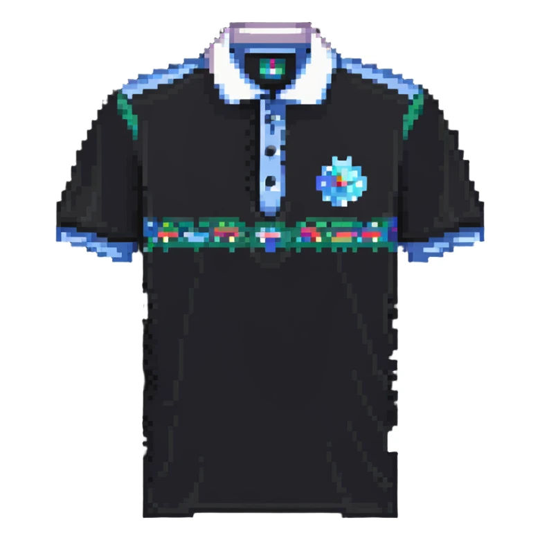 polo shirt with AI design, technological details in pixel art style sticker