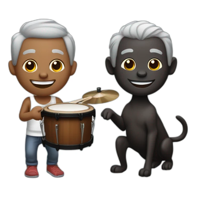 Dark skin guy with slightly receiding grey hair. Smiling playing bongos. With a black dog with brown spots, next to him  sticker