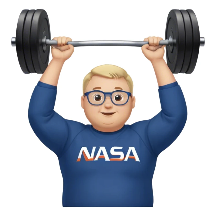happy chubby man, lifts weights over the head,  blond short and hight receding hairline, wearing a dark blue sweatshirt, nasa logo on the sweatshirt, round glasses without frame, 40 years old sticker
