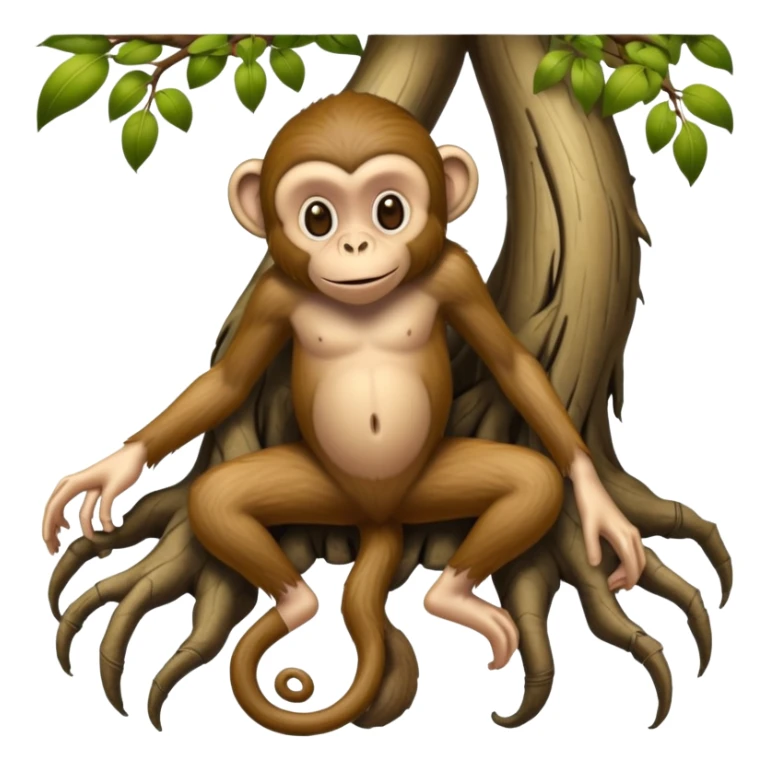 A creature with realistic human feet at the bottom, tree roots forming the legs, and a cartoon monkey face on top sticker