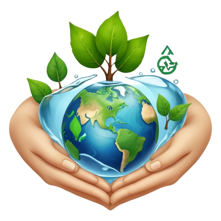 An icon featuring a green leaf, Earth held in hands, and a recycling symbol, symbolizing ecology. The design includes trees, clean water, and animals, representing environmental protection, sustainability, and ecosystems. Transparent background highlights the science of nature and conservation. sticker