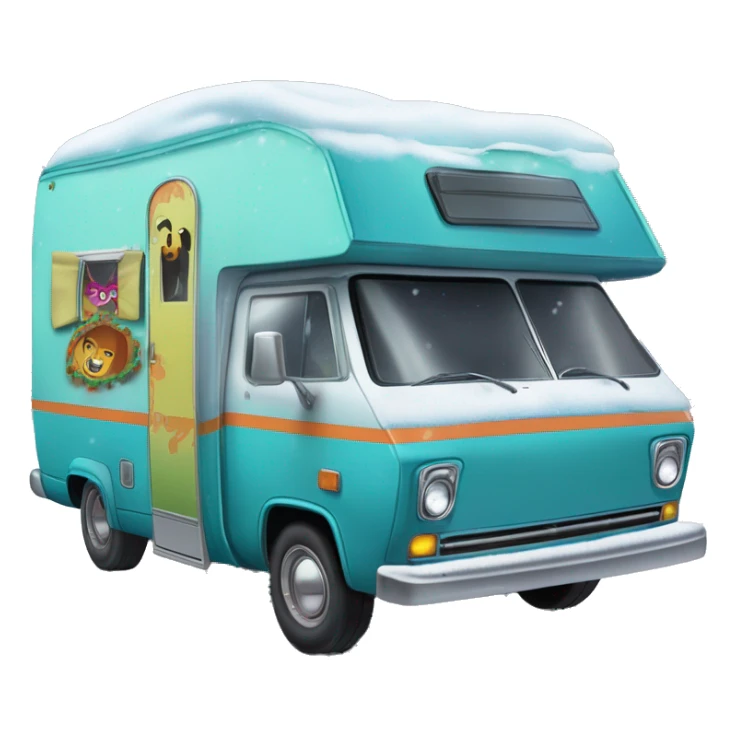 very expensive but haunted horror dream rv camper for Scooby Doo and the kids in the gang and Barbie while it’s cold and snowing hard outside. Spare Tire with cover attached to front of the vehicle like the Scooby van’s  sticker