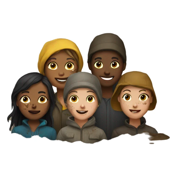 group of people covered in mud and dirt sticker