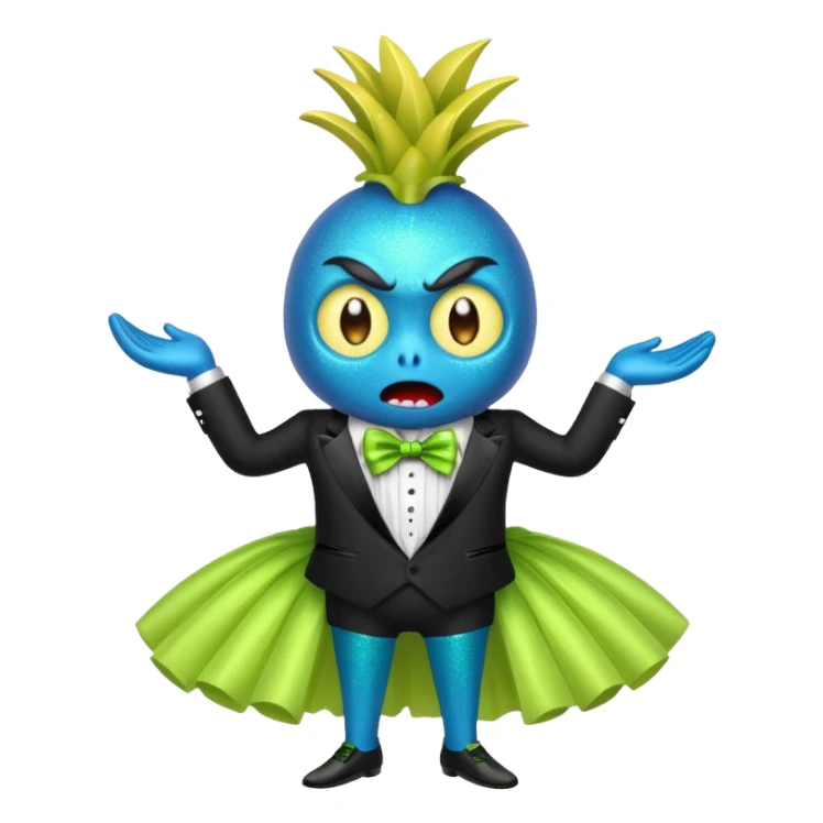 Angry blue banana fruit wearing a sparkly lime green tuxedo and tutu sticker