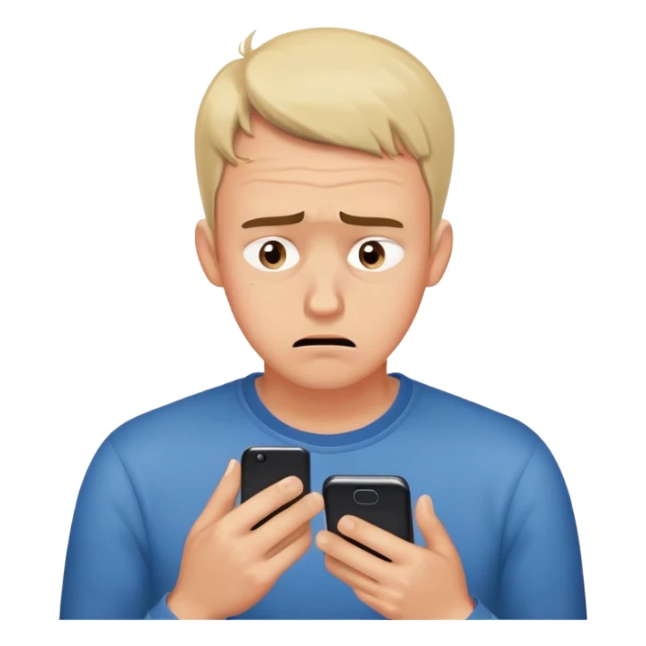 man with anxious attachment style frantically checking his phone with worried eyes and nervous expression, sweat drops on forehead, staring intensely at phone screen waiting for message reply, finger hovering over screen ready to respond immediately, notification symbols visible sticker