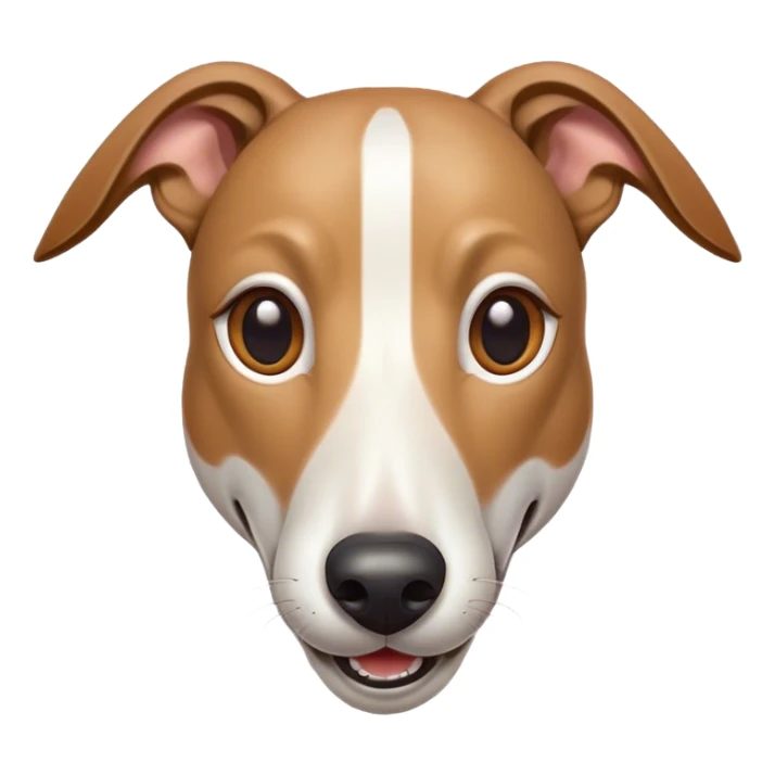 Cinematic Comical White and Brown Greyhound Portrait Emoji, Head tilted dramatically with an exaggeratedly amused expression, featuring a striking white Fur with dynamic brown accents, wide, expressive eyes filled with playful disbelief, Simplified yet hilariously expressive features, highly detailed, glowing with a slightly sassy glow, high shine, dramatic yet playful, stylized with an air of cheeky mischief, bright and endearing, soft glowing outline, capturing the essence of a spirited and over-the-top racer, so meme-worthy it feels like it could side-eye its way into internet fame instantly! sticker