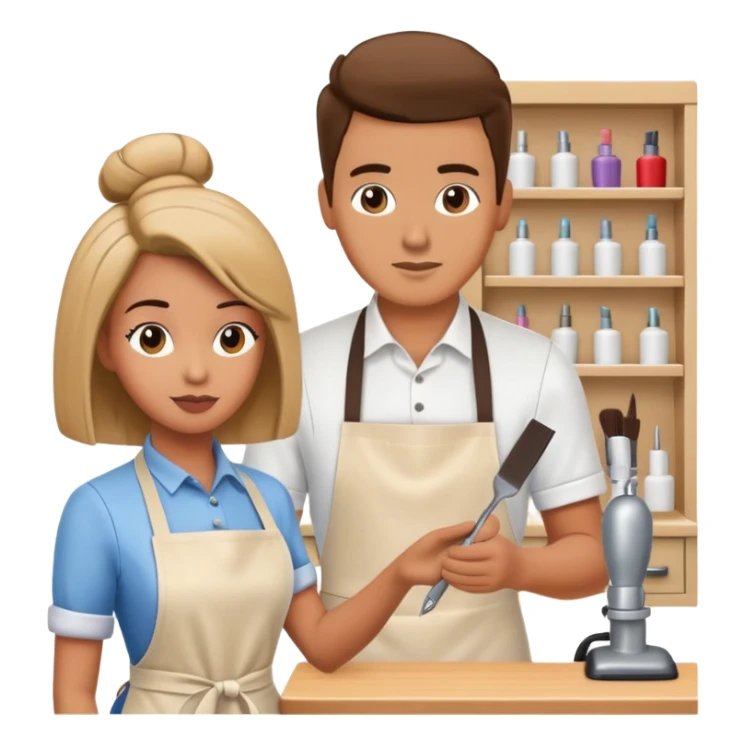 hair stylist wearing apron teaching student using mannequin head sticker