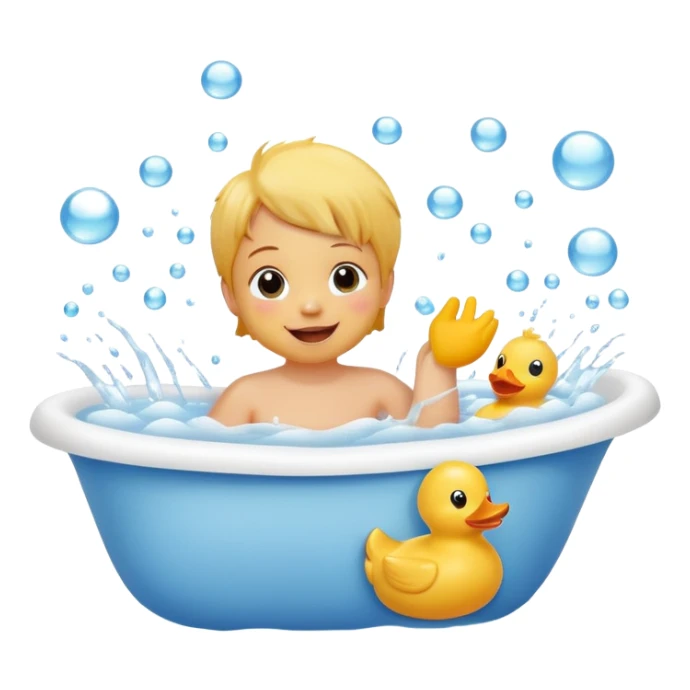child splashing in a bathtub with rubber duck and bubbles, happy face sticker