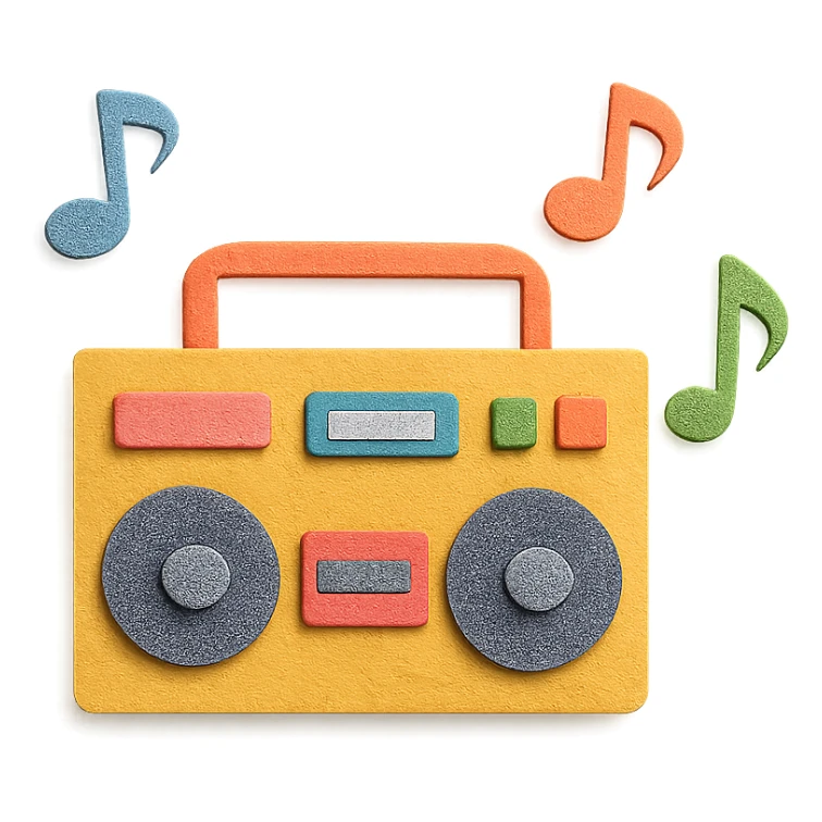 paper-craft style boombox with colorful musical notes floating around sticker