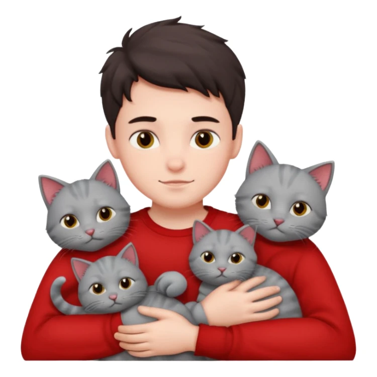 Make 20 gray cats cudling a kid that’s a boy wearing all red  sticker