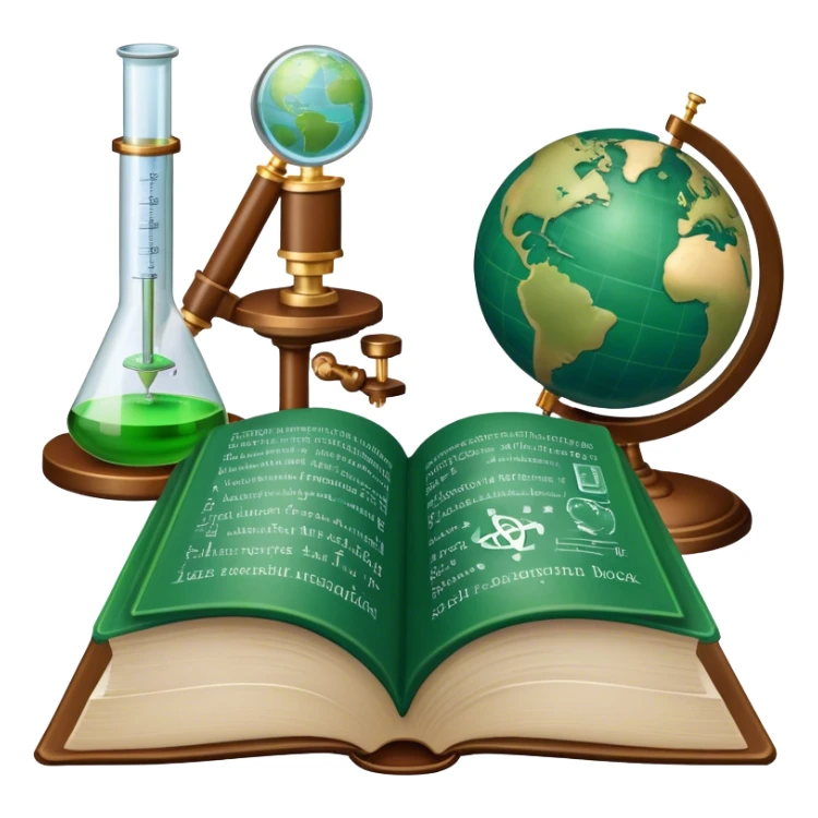 Icon for Scientific and Educational Reading: an open book with mathematical formulas, a microscope, a test tube, and a globe. The icon should represent the curiosity and knowledge found in scientific and academic books. Transparent background. sticker