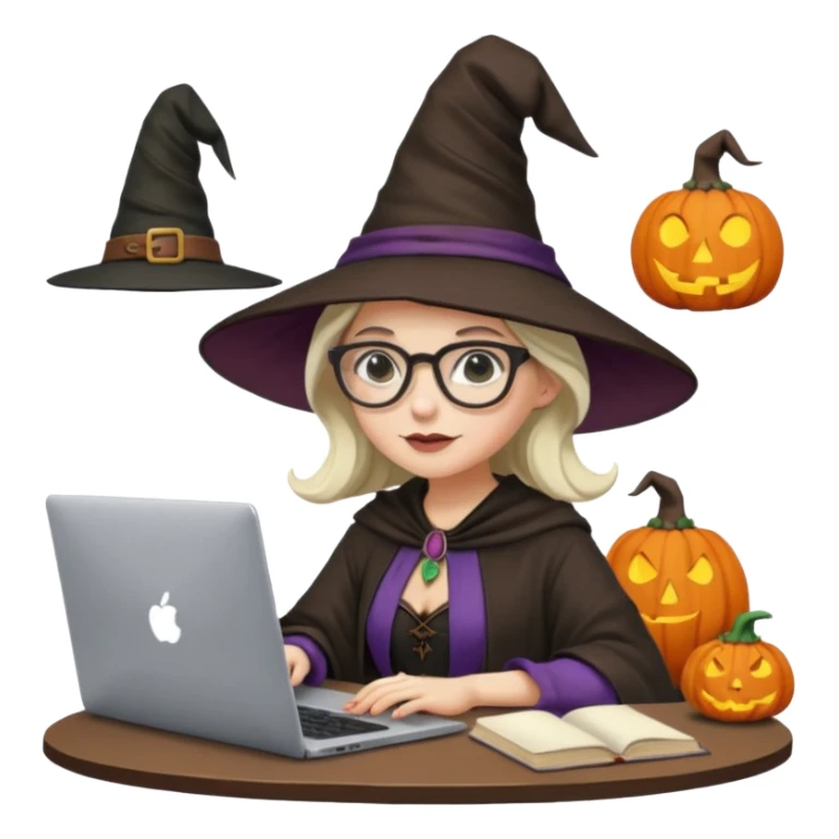 A female video editor wearing glasses, dressed like a witch with a pointed hat, sitting at a laptop editing a video, cinematic lighting, cozy creative studio, professional look, high quality, realistic sticker