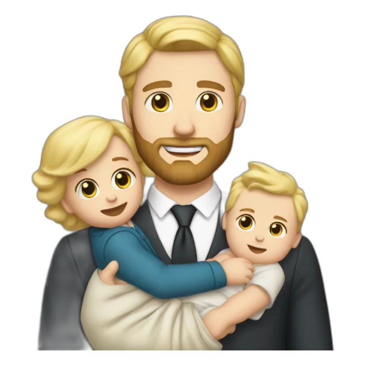 sharp dressed white man with blonde hair and a beard holding a newborn baby boy sticker