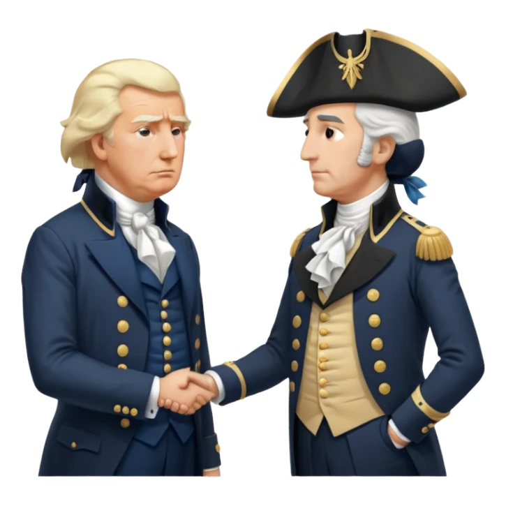 “Donald Trump and George Washington facing each other. Trump in a modern suit, visibly shocked. George Washington in colonial uniform, calm and silent. Realistic style, cinematic lighting.” sticker