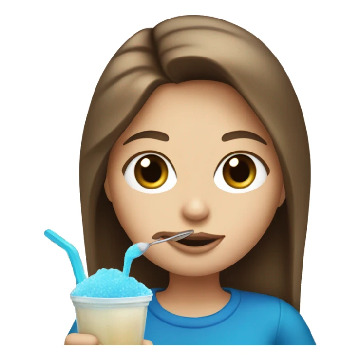 White Girl with brown hair eating a blue slushie with a spoon sticker
