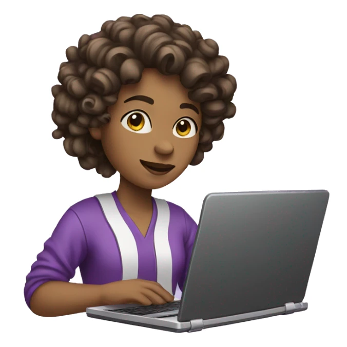 a person using a notebook. that has curls and wears clothes with purple tones sticker