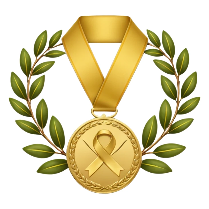 A golden medal with a glossy finish, featuring a central gold awareness ribbon symbol. The ribbon is surrounded by two laurel branches, one on each side, adding a touch of prestige. At the bottom, a small ornamental 'X' symbol completes the design sticker