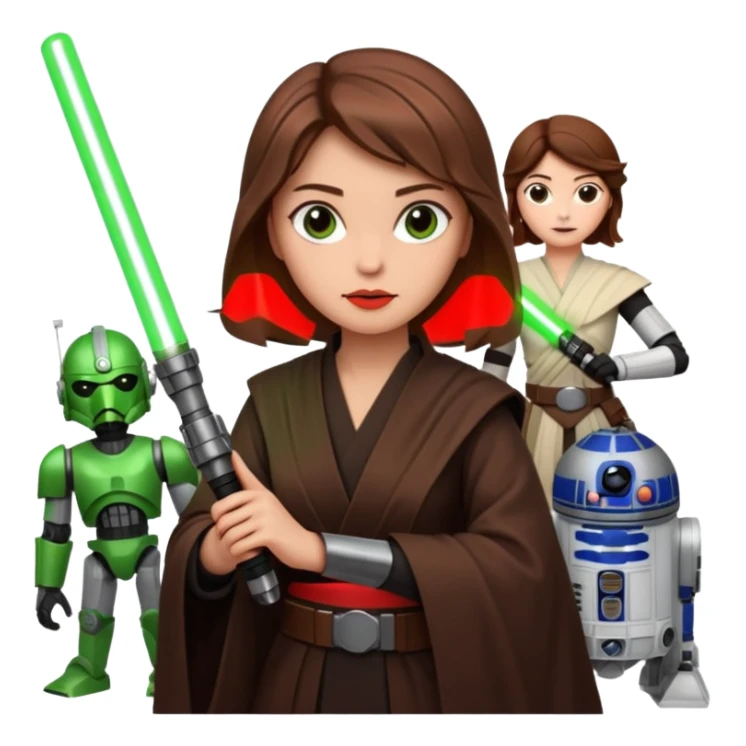 Ios 18 starwars theme ( jedi, robots etc..) brown hair lady with lightaber green or red sticker