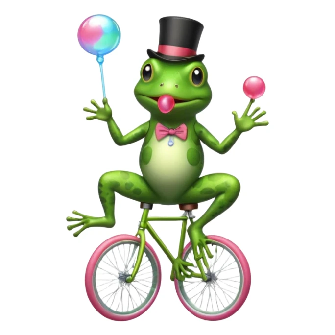 A frog riding a unicycle wearing a monocle blowing a bubble gum bubble sticker