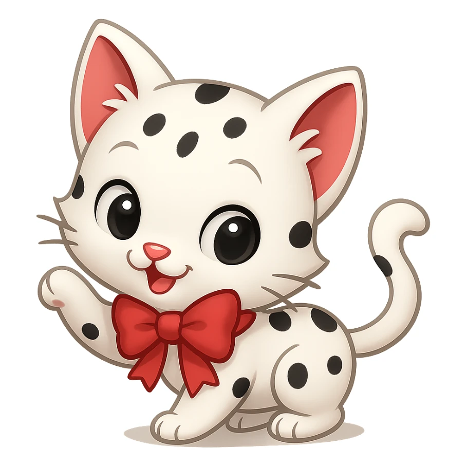 Make the kitty in a playful pose, keep it small, white with small black spots and a red bow, with no background. The style should be suitable for a small, cute cat illustration with no background. sticker