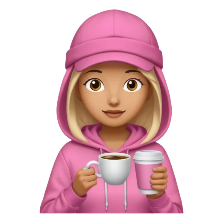 Woman in pink hoodie and cap holding coffee sticker