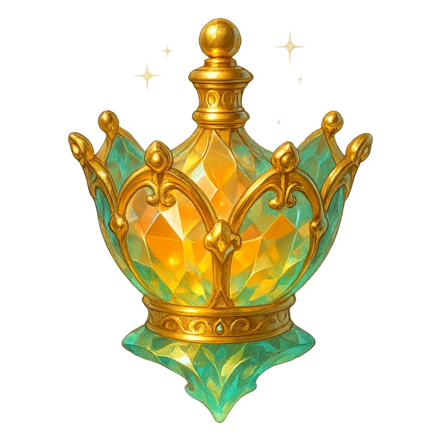 crystal luxurious elixir bottle shaped like a crown, pastel gradient of yellow, orange, and green, lots of shine, facets, ornaments, golden details, magical effects, very small golden neck, transparent background, beautiful merging base, clearly floating in air, no base or shadow, very luxurious, interesting design, fits a collection sticker