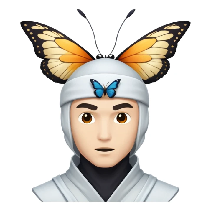 Crea una imagen con estos dos emoji 🥷🏻🦋
él ninja blanco con la mariposa posada en cabeza como si estuviera volando.

 sticker