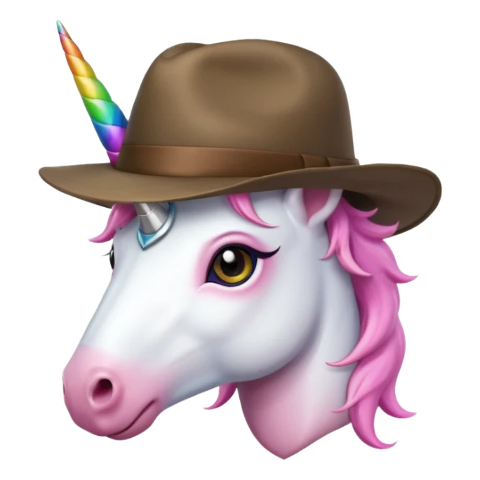 unicorn face cute wearing fedora, horn piercing through the hat sticker