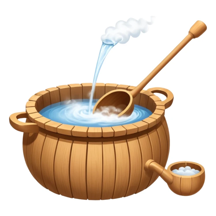 Ladle pouring water onto sauna rocks with steam sticker