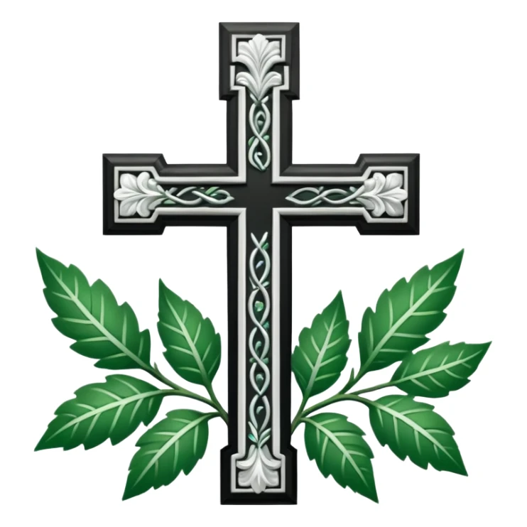 a black and white detailed cross with leaves over the top sticker