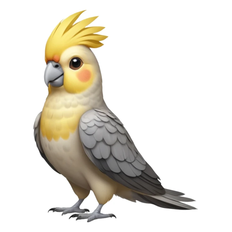 cinematic-[cockatiel]-realistic-full-body-sitting-emoji,-head-tilted-dramatically,-grey and yellow feathers,-simplified-yet-realistic-focused-features,-highly-detailed,-glowing-with-an-almost-sarcastic-glow sticker