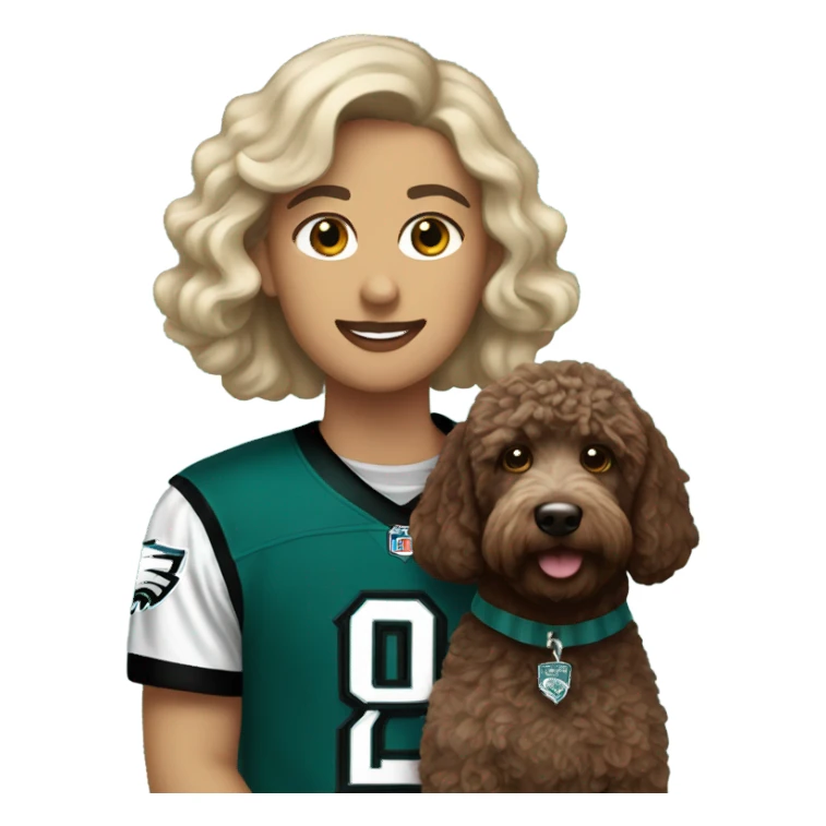 Light baron with dark brown Labradoodle wearing a Philadelphia eagles jersey sticker